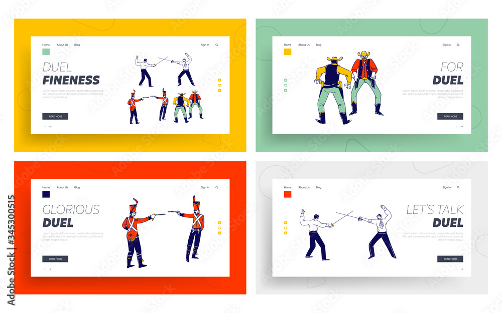 Male Characters Fighting on Duel Landing Page Template Set. Wild West Cowboys in United States Armed with Revolver to Open Fire. Hussars Aiming with Gun, Men Fencing. Linear People Vector Illustration Male Characters Fighting on Duel Landing Page Template Set. Wild West Cowboys in United States Armed with Revolver to Open Fire. Hussars Aiming with Gun, Men Fencing. Linear People Vector Illustration