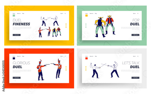Male Characters Fighting on Duel Landing Page Template Set. Wild West Cowboys in United States Armed with Revolver to Open Fire. Hussars Aiming with Gun, Men Fencing. Linear People Vector Illustration