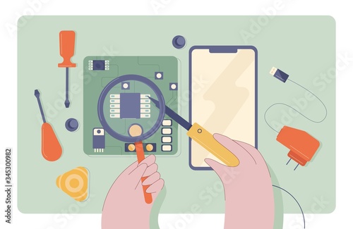 Cartoon technician male hands mobile phone repair use tools top view vector flat illustration. Close up maintenance service and expertise of damage electronic device on desk isolated on white