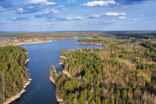 Aerial landscape. Beautiful nature, colorful forest and water reservoir. Teteriv River. Ukraine, Zhytomyr region, near Denyshi photo