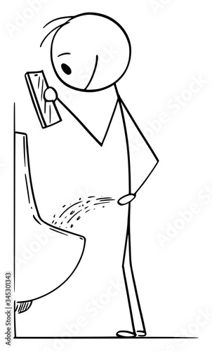 Vector cartoon stick figure drawing conceptual illustration of addicted man using mobile phone while urinating at public toilet or bathroom or lavatory.