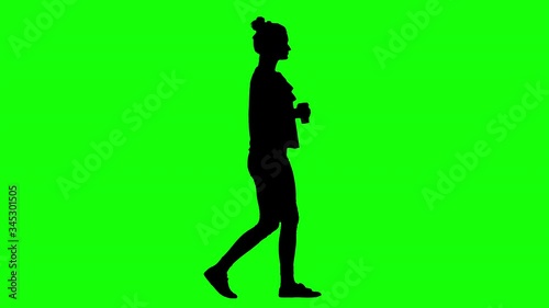 Casual Woman Walking and Drinking Coffee Green Screen Silhouette