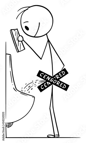 Vector cartoon stick figure drawing conceptual illustration of addicted man using mobile phone while urinating at public toilet or bathroom or lavatory. Version with censored nudity.