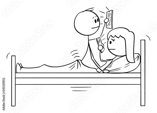 Vector cartoon stick figure drawing conceptual illustration of couple of man and woman in bed, both are using mobile phone while having sex or sexual intercourse.
