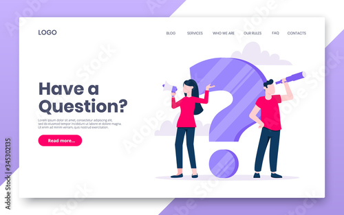 FAQ or Q and A internet landing page concept web template. Teamwork characters working together with faq big question mark, frequently asked questions concept flat style design vector illustration.