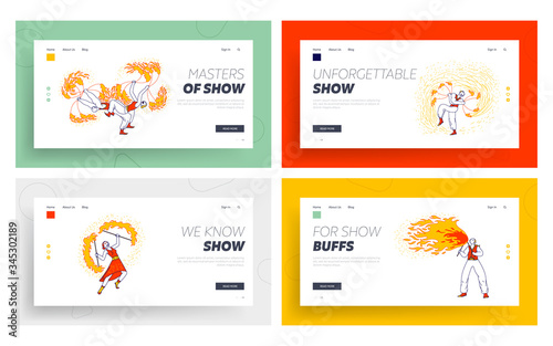 Fire Show Entertainment, Performance Landing Page Template Set. Characters Dance and Juggle with Flame on Stage Performing Talent Show Program for Judges and Viewers. Linear People Vector Illustration