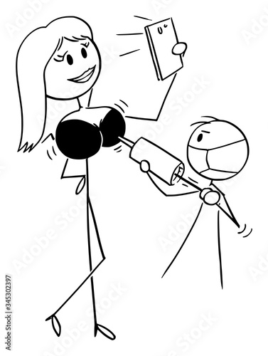 Vector cartoon stick figure drawing conceptual illustration of sexy woman taking selfie during breast augmentation. Concept of plastic surgery, celebrities and social networks.