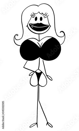 Vector cartoon stick figure drawing conceptual illustration of sexy woman after lips,buttocks and breast augmentation, concept of plastic surgery and beauty.