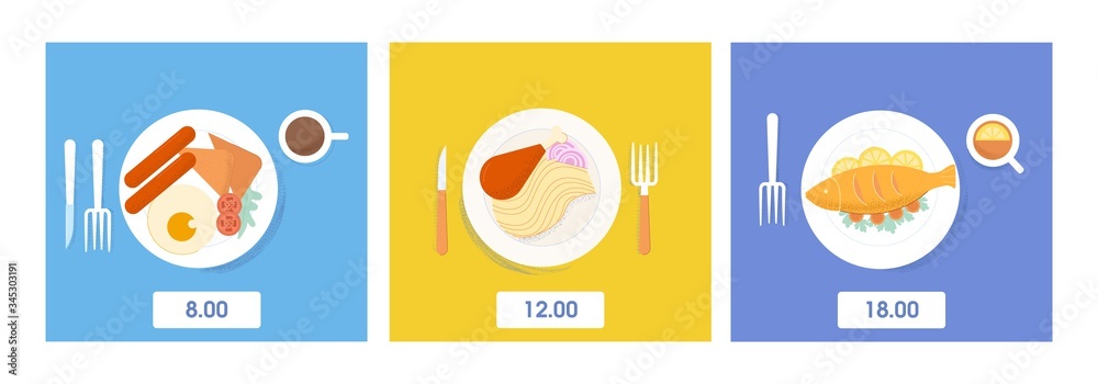 Set of serving food and drink dinner, lunch and breakfast top view vector flat illustration. Appetizing meal on plate with knife and fork ready to eating at time isolated. Cartoon fresh tasty dish