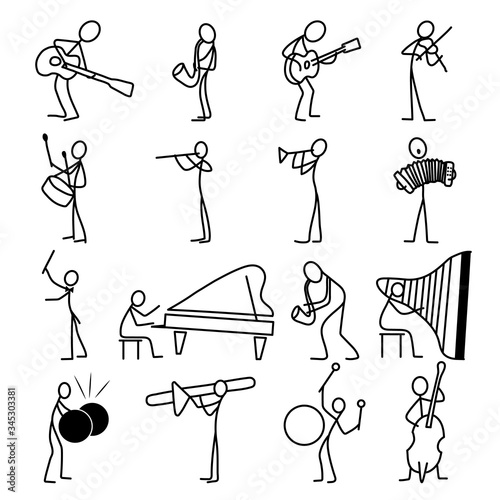 Cartoon icons set of sketch stick musician figures in cute miniature scenes.