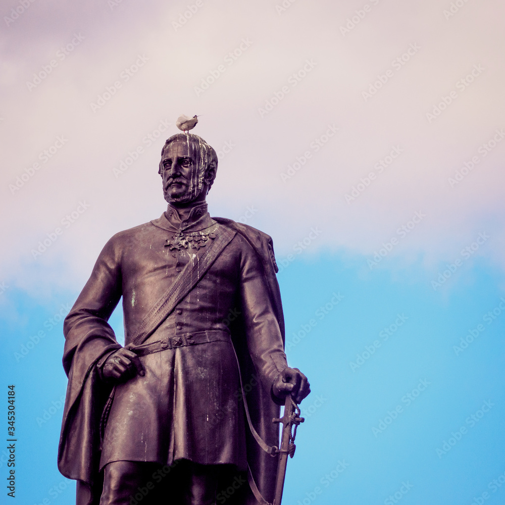 Fototapeta premium Bronze statue with pigeon on top of the head. Square format.