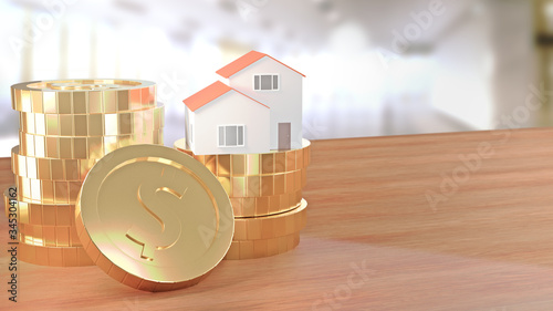 The gold coins were arranged higher, with the houses resting on the coin.3D rendering