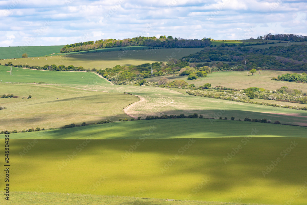 A green South Downs landscape with shadows from clouds over the fields