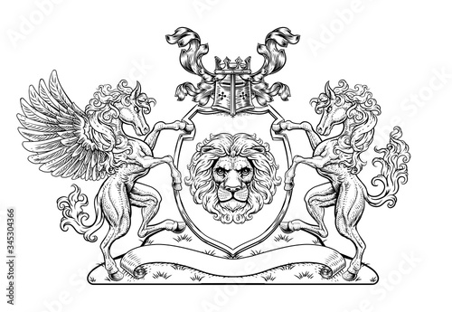 A crest coat of arms family shield seal featuring horse, Pegasus and lions