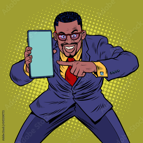 african businessman shows on smartphone. Mobile technologies and new gadgets