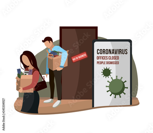 Fired and disappointed people from job. Dismissal, severance, termination in case of coronavirus or virus COVID-19. Unemployed jobless benefit. Boss dismissed employee. Flat vector illustration.