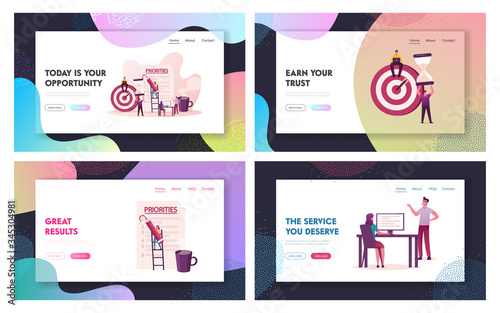 Priorities Organize Landing Page Template Set. Tiny Characters Put Tasks on Paper for Effective Daily Planning, Scheduling Working Process. Timetable and Aiming. Cartoon People Vector Illustration