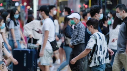 Slow motion of crowd people wearing medical face masks at metro in Hong Kong. Coronavirus concept