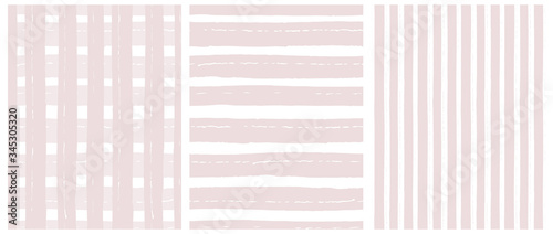 Set of 3 Hand Drawn Irregular Geometric Patterns. Horizontal Light Pink Stripes on a White Background. Pink-White Grid Backdrop. Pastel Pink Striped Print. Cute Infantile Repeatable Design.