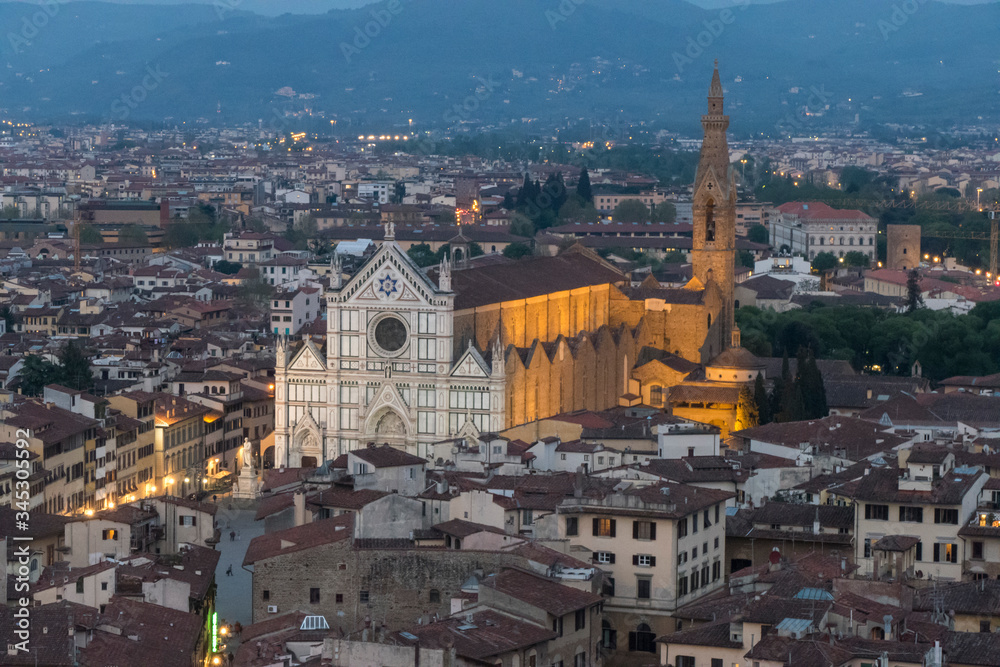 aerial night photo of Basilica of Santa Croce in Florence