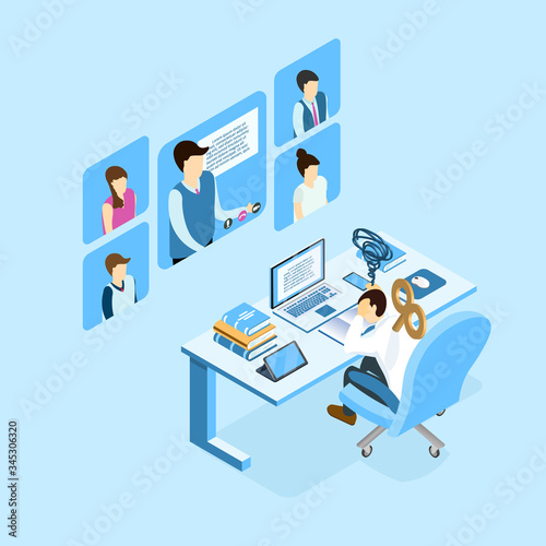 Isometric burnout concept, young man sitting at the table with wind-up key on back and feeling low energy, businessman or student burning brain form work or study.