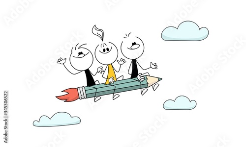 Vector stick people with flying rocket pencil.