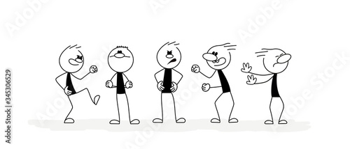 Angry little men. Vector stickman cartoon character illustration.