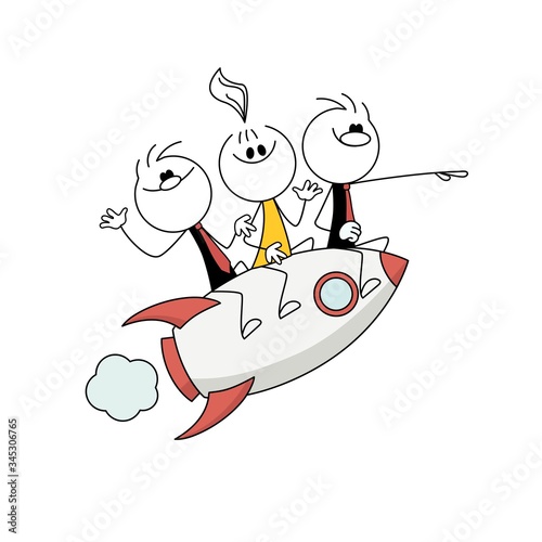 Vector stick people with flying rocket.