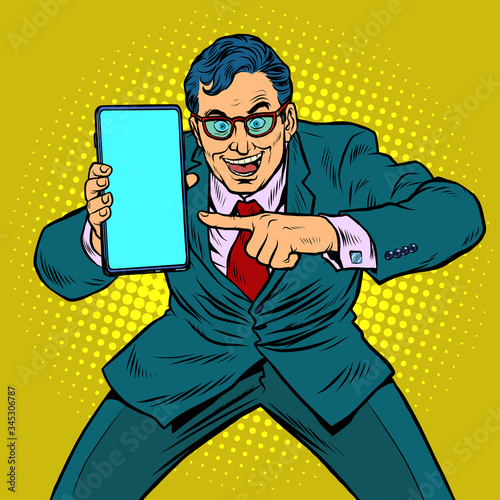 businessman shows on smartphone. Mobile technologies and new gadgets