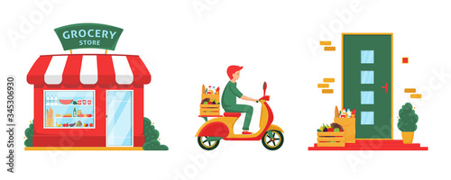 Grocery delivery concept banner. Grocery store facade, delivery man on scooter, front door, box with fruits & vegetables. Isolated vector illustration on white, flat style. Safe contactless delivery
