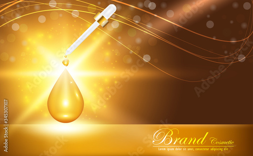 Hyaluronic acid skin solutions ad, Gold collagen serum drop with cosmetic advertising background ready to use, vector illustration