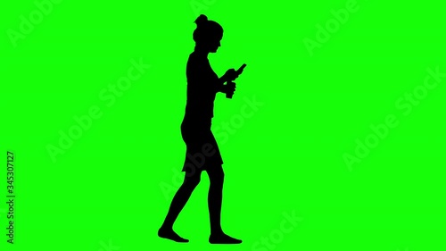 Businesswoman Using a Smartphone Drinking Coffee Walking Greeen Screen