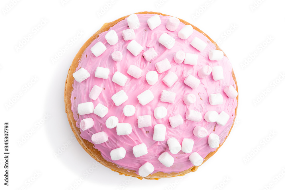 Homemade glazed and decorated pink easter pie isolated on a white background. top view, close up. Homemade glazed and decorated pink easter pie isolated on a white background. top view, close up.