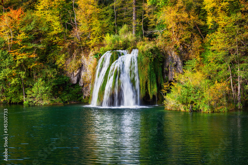 Plitvice Lakes Autumn Landscape With Waterfall In Croatia