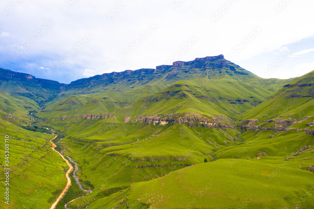Beautiful and calming aerial image of the Drakensberg mountain range in South Africa, Sani Pass