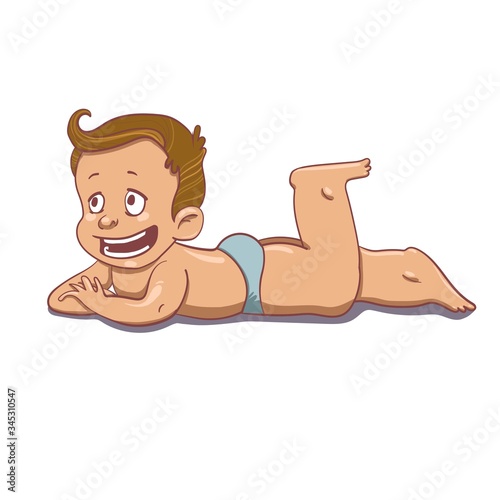 A baby in a diaper lies on his stomach and smiles. 
