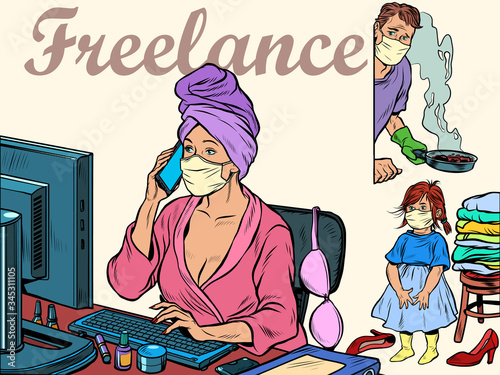 woman work at home freelance epidemic self isolation quarantine