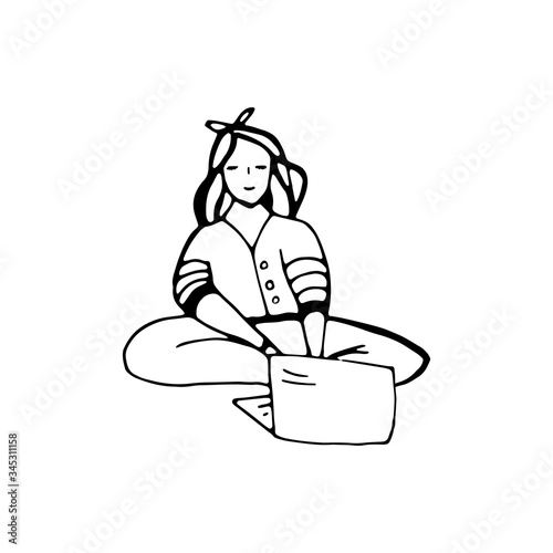 Girl works at a laptop at home.Stay Home, work in home. Remote work, freelancer. Black and white doodle vector.White background. Isolated. Flat design. Vector cartoon illustration.