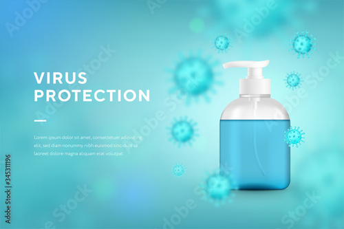 Realistic hand sanitizer 3d realistic container, hand wash gel with pump and virus background. Details liquid cosmetics tube with soap concept marketing for banner and website, landing page template