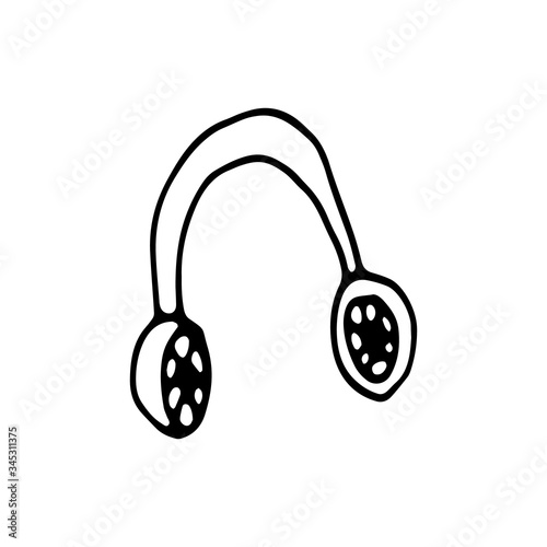 earphones simple black and white. Headphones doodle sketch style vector illustration, hand drawing.