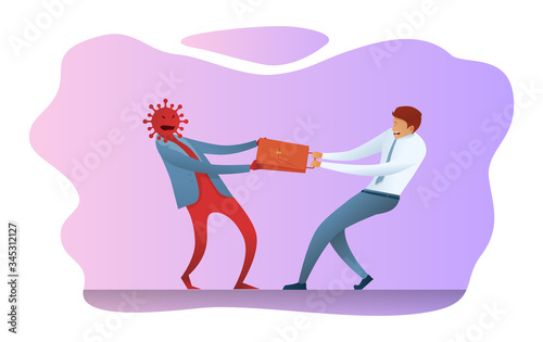 The coronavirus infection bacterium robs the case of a businessman. Covid -19 robs a person of work. The concept of unemployment and job loss. An unemployed office manager is fighting for his job.