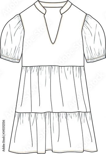 DRESS, Fashion Flat Sketches, Apparel Design Template. Balloon sleeve detail