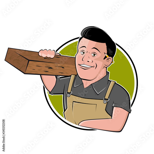 funny cartoon logo of a carpenter in a badge