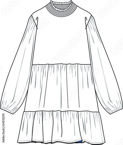 DRESS, Fashion Flat Sketches, Apparel Design Template. Smocked high neck and a gathered dress