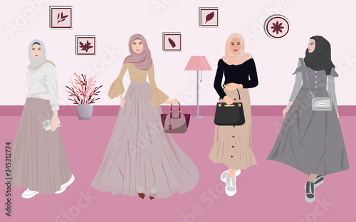 Vector Illustration of Muslim Women's Fashion and Accessories Suitable for Wearing Out of The House