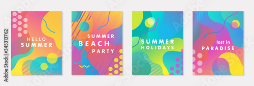 Bundle of modern vector summer posters with bright gradient background,shapes and geometric elements.Trendy abstract design perfect for prints,social media,banners,invitations,branding design,covers