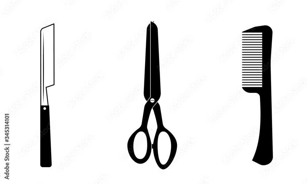 set of barbershop tools. scissors, comb, razor set of barbershop tools. scissors, comb, razor