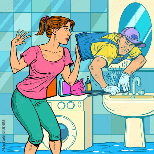 remote work online help. a male plumber fixes a leak