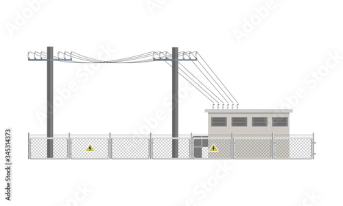 Power lines and transformer substation building fenced