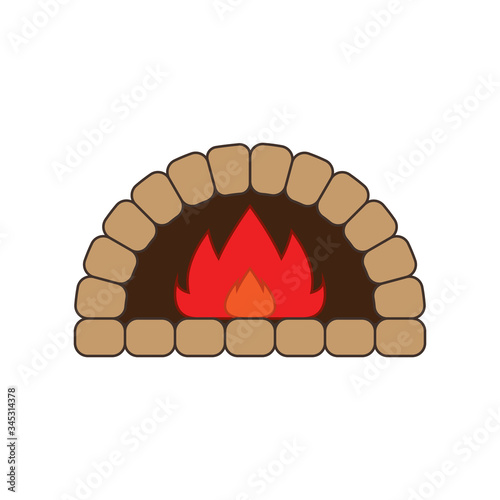 Stone brick, pizza firewood oven with fire